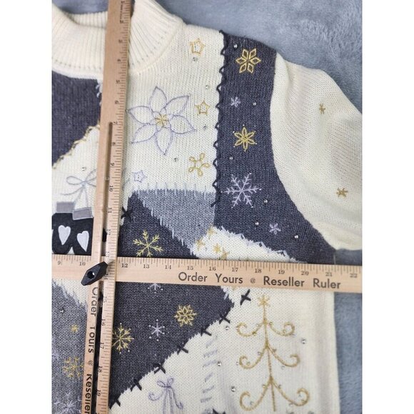 Designers Originals Winter Sweater Women L Ivory Pullover Patchwork Skaters - Picture 9 of 11